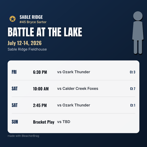 A Schedule graphic made by the app: the headline &ldquo;Battle at the Lake&rdquo;, July 12&ndash;14 2026 at Sable Ridge Fieldhouse, and a four-row table of games with the day, time, opponent and court for each.